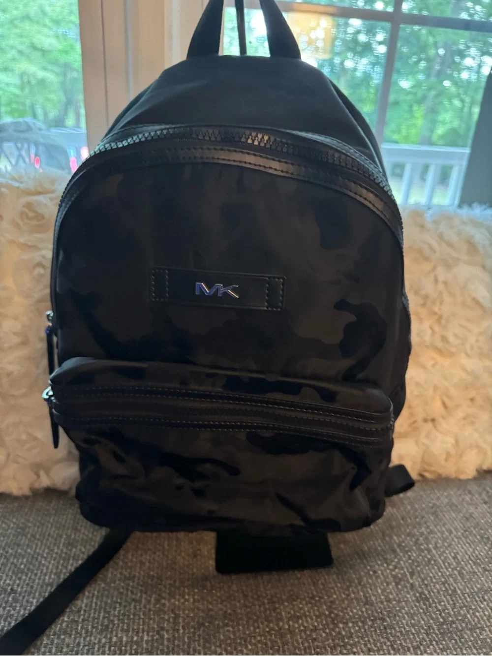 Michael Kors Black Tonal Camo Backpack – Nylon & Leather Trim